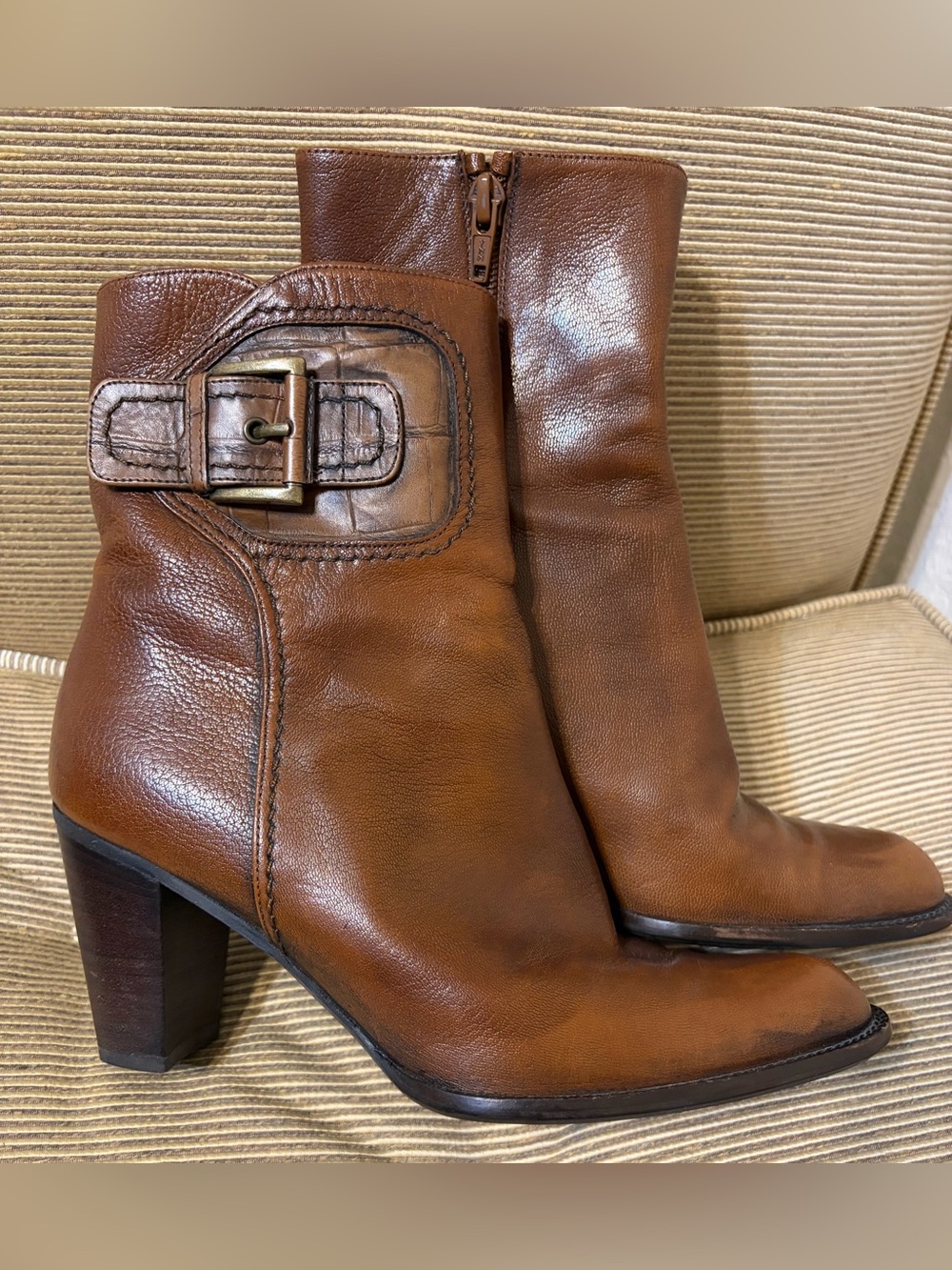 Stuart Weitzman Buckled Detail Leather Ankle Bootie in Cognac Brown - Size 6.5